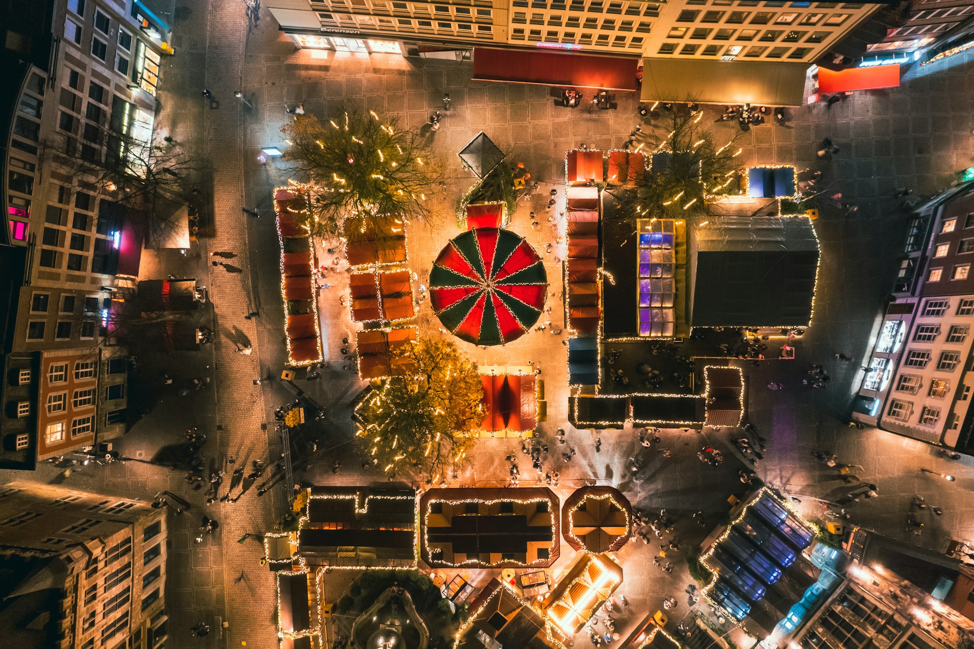 an aerial view of a city at night